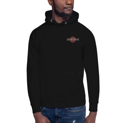 Black unisex hoodie with embroidered Devotive logo